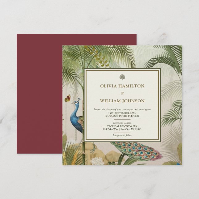 Burgandy Square Tropical Peacock Palm Wedding Invitation (Front/Back)