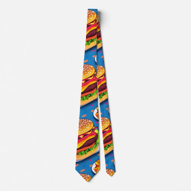 Burger and Fries Colourful Cartoon Illustration Tie (Front)