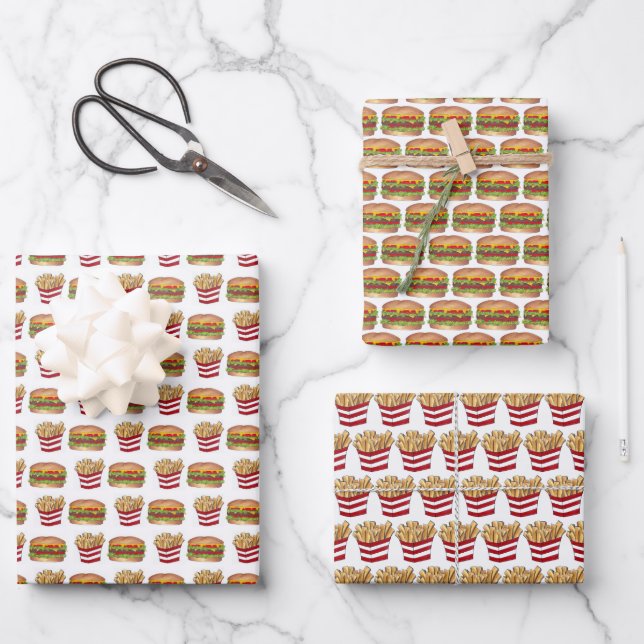 Burger and Fries Fast Food Cheeseburger French Fry Wrapping Paper Sheet (Front)