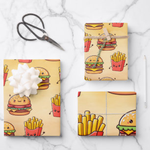 Burger and Fries Fun Kawaii Wrapping Paper Sheet