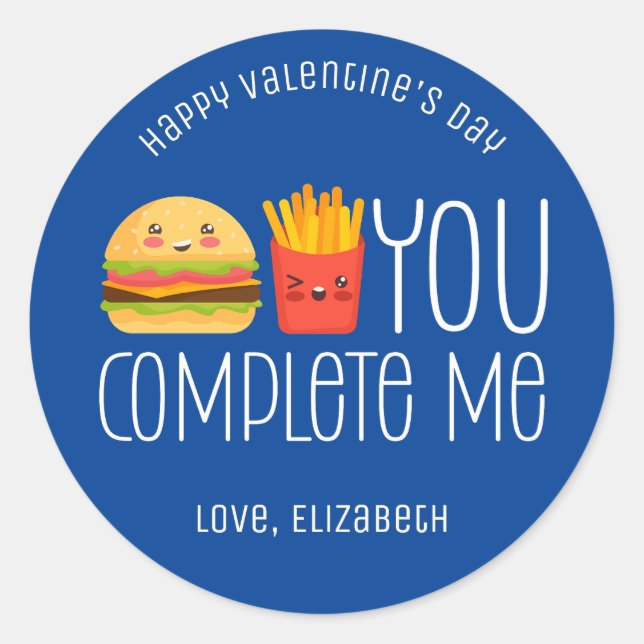 Burger and Fries Funny Cute Best Friend Valentine Classic Round Sticker (Front)