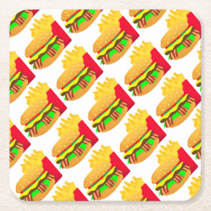 Burger and Fries Square Paper Coaster