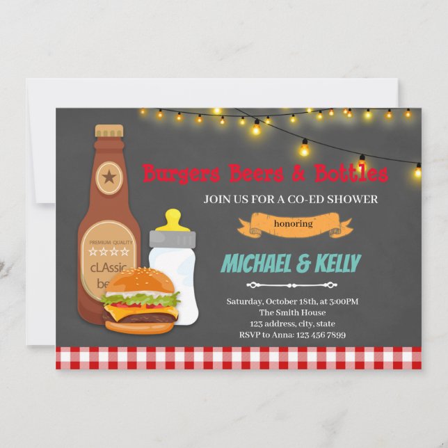 Burger beer and bottles coed shower invitation (Front)
