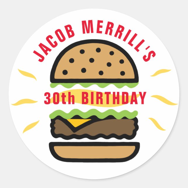 Burger Birthday Any Age Custom Classic Round Sticker (Front)