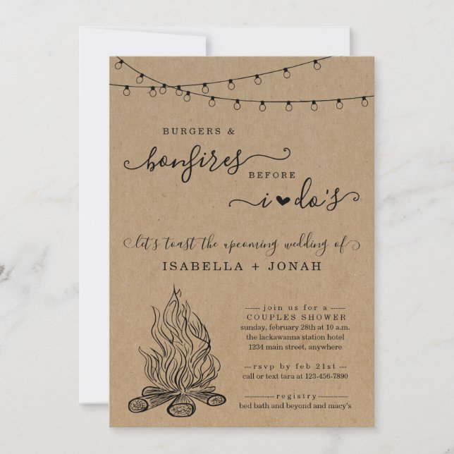 Burger & Bonfire Before I Dos Couple Bridal Shower Invitation (Front)