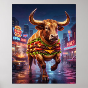 Burger Bull Neon Ranch Poster