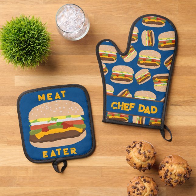 Burger Chef Dad Personalised Meat Eater Oven Mitt & Pot Holder Set (Top Down)