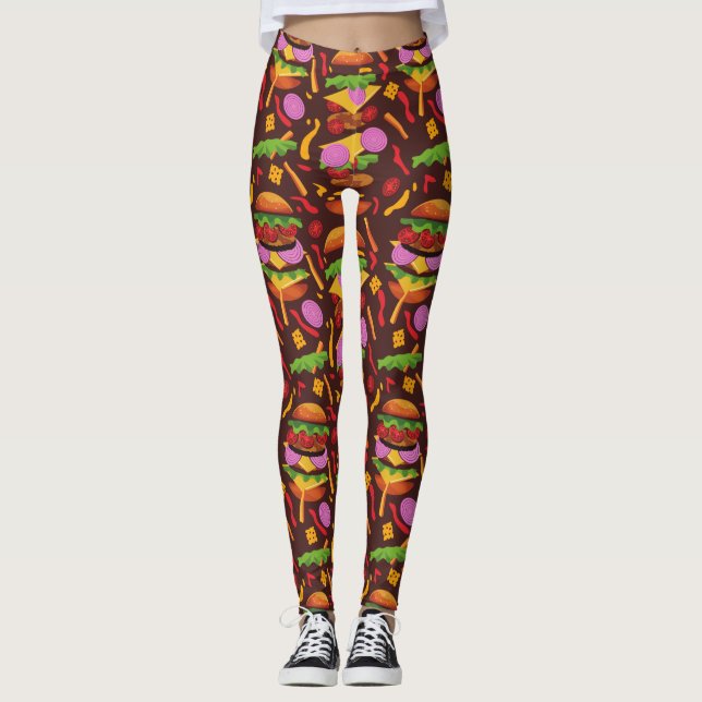 burger hamburger cheeseburger brown leggings (Front)