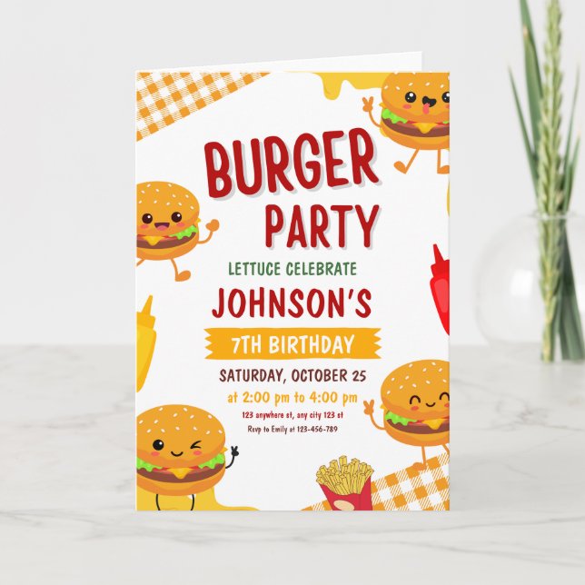 Burger Party Birthday Invitation, Backyard BBQ  Invitation (Front)