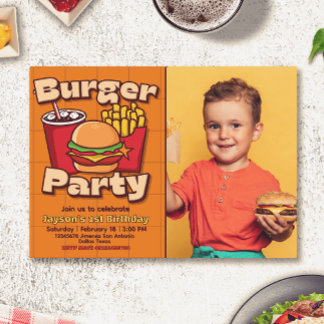 Burger Party Boy Birthday with Photo Invitation