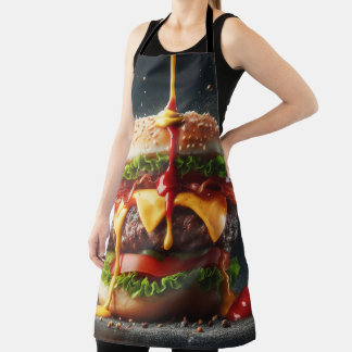 Burger with splashing sauce apron