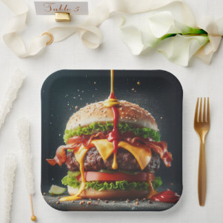 Burger with splashing sauce paper plate