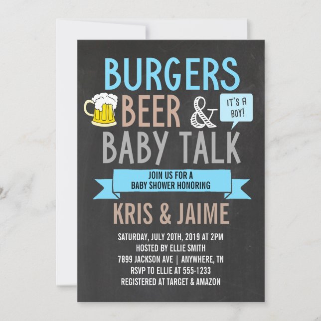 Burgers Beer & Baby Talk Boy Baby Shower Invitation (Front)