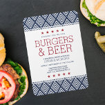 Burgers & Beer Rehearsal Dinner Invitation<br><div class="desc">Our summery invitations are perfect for your casual wedding rehearsal dinner! Design features a classic colour palette of red, white and blue, with a diamond chevron patterned background, red star accents, and modern lettering in navy blue and rich dark red. All text fields are fully customisable, making it easy for...</div>