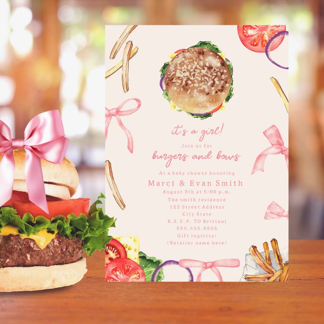 Burgers & Bows Hamburger BBQ Cookout Baby Shower Invitation (Creator Uploaded)