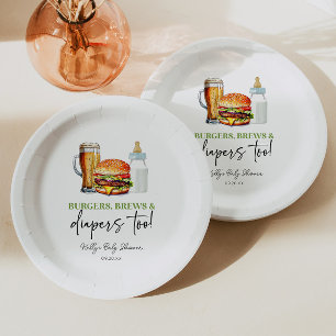 Burgers Brews and Diapers Too! Baby Shower Paper Plate