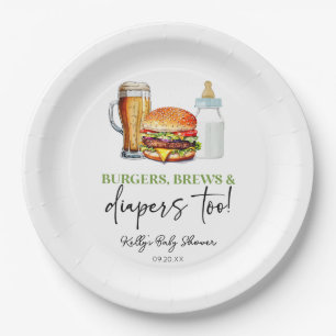 Burgers Brews and Diapers Too! Baby Shower Paper Plate