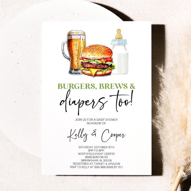 Burgers, Brews, and Diapers Too! Co Ed Baby Shower Invitation (Creator Uploaded)