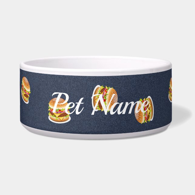 Burgers on blue denim pattern dog bowl (Front)