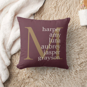 Burgindy Gold Monogram Names Cushion