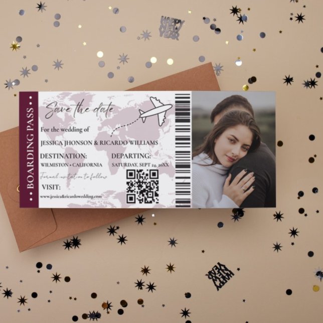 Burgund Boarding pass wedding save the date ticket Invitation (Creator Uploaded)