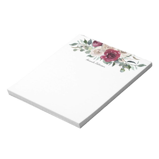 Burgunday and White Rose Floral with Your Name Notepad (Rotated)