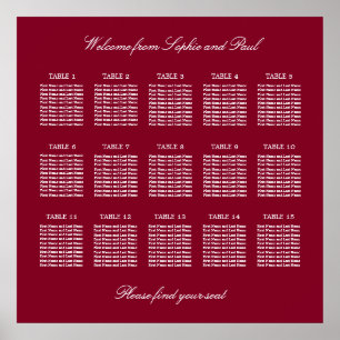Burgundy 15 Table Wedding Seating Chart Poster