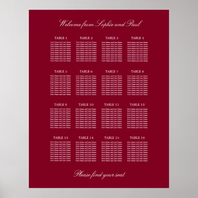 Burgundy 16 Table Wedding Seating Chart Poster (Front)