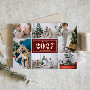 Burgundy 2027 Retro Six Photo Collage New Year Foil Holiday Card