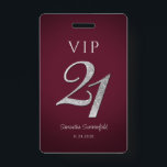 Burgundy 21st Birthday Silver Glitter VIP ID Badge<br><div class="desc">Modern silver glitter 21st Birthday VIP badge you can easily customise with a name and date by clicking the "Personalise" button. The silver glitter "21" is set while the other text on the badge can be modified.</div>