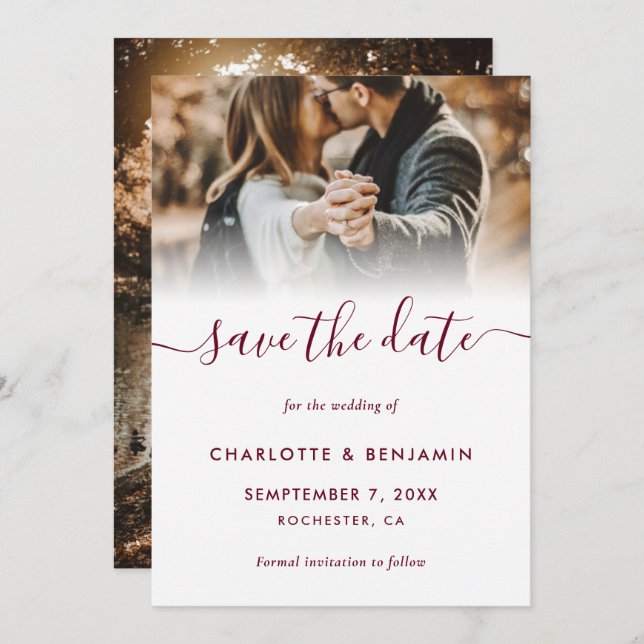 Burgundy 2 Photo Wedding Save The Date Card (Front/Back)