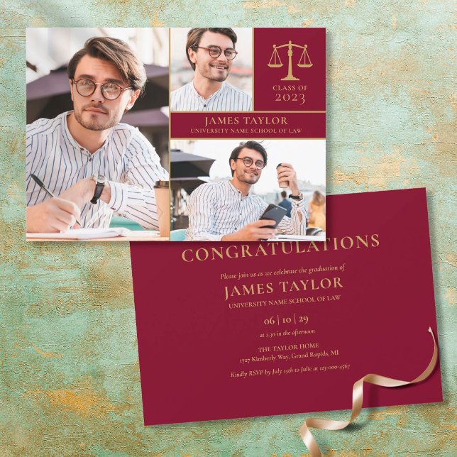 Burgundy 3 Photo Law School Graduation Party Invitation (Creator Uploaded)