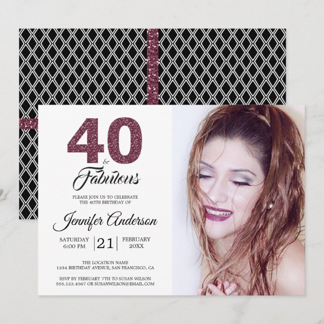 Burgundy 40 and Fabulous 40th Birthday Photo Invitation (Front/Back)