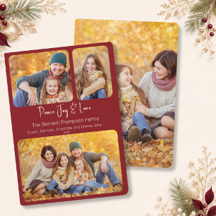 Burgundy 4 Photo Peace Joy & Love Christmas Holiday Card