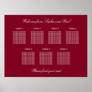Burgundy 7 Table Wedding Seating Chart Poster