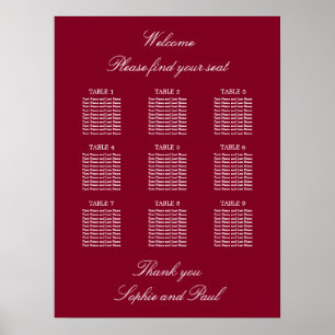 Burgundy 9 Table Wedding Seating Chart Poster