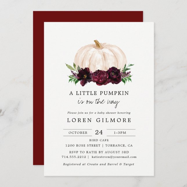 Burgundy A Little Pumpkin Baby Shower Invitation (Front/Back)