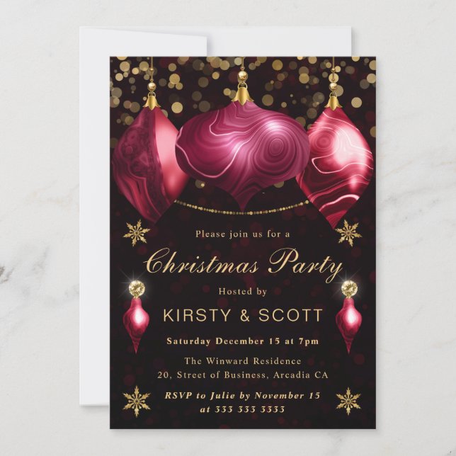 Burgundy Agate Baubles Christmas Dinner Party Invitation (Front)