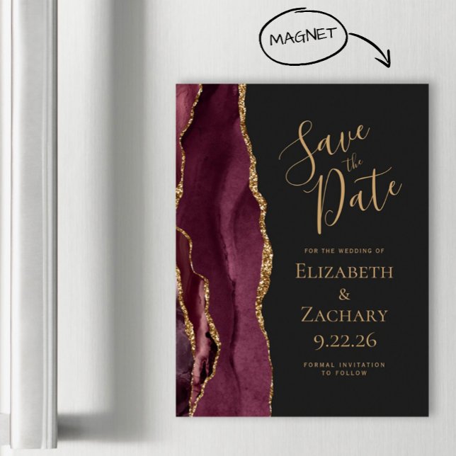 Burgundy Agate Gold Dark Magnetic Save the Date (Creator Uploaded)