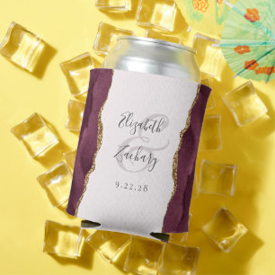 Burgundy Agate Gold Faux Glitter Blush Wedding Can Cooler
