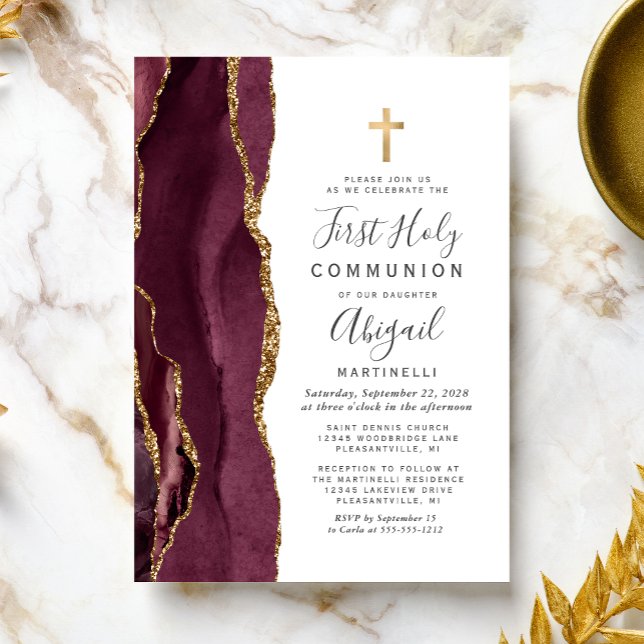  Burgundy Agate Gold Glitter First Holy Communion Invitation (Creator Uploaded)