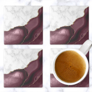 Burgundy Agate Gold Glitter White Faux Marble Stone Coaster