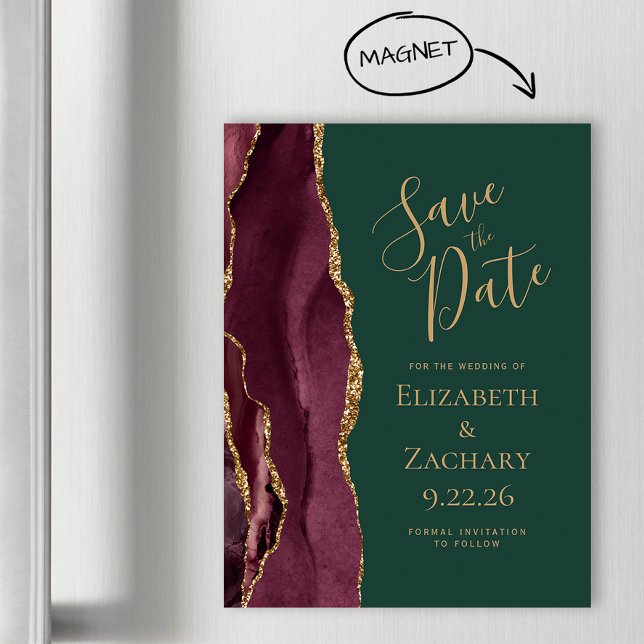 Burgundy Agate Gold Green Magnetic Save the Date (Creator Uploaded)
