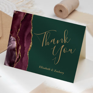 Burgundy Agate Gold Green Wedding Thank You Card