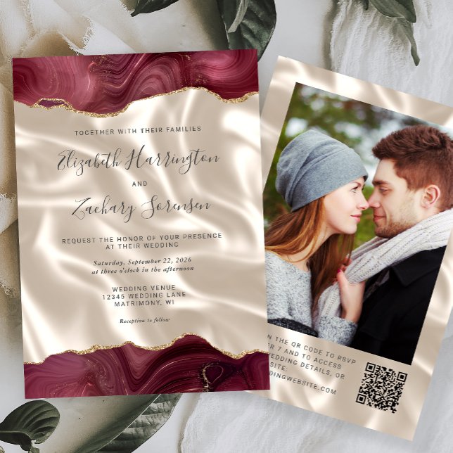 Burgundy Agate Ivory Silk Photo QR Code Wedding Invitation (Creator Uploaded)