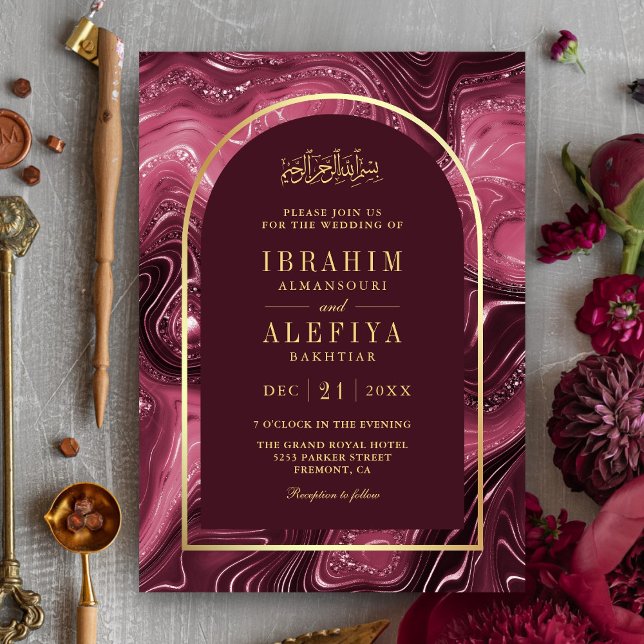 Burgundy Agate Marble Arch Muslim Wedding Invitation (Creator Uploaded)