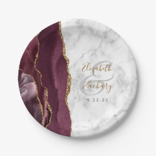 Burgundy Agate Marble Gold Script Wedding Paper Plate