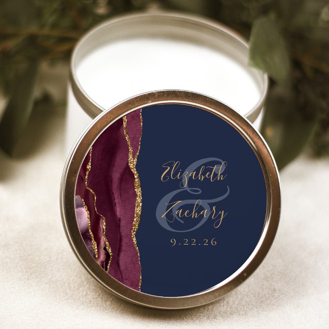 Burgundy Agate Navy Blue Gold Script Wedding Classic Round Sticker (Creator Uploaded)