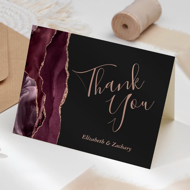 Burgundy Agate Rose Gold Dark Wedding Thank You Card (Creator Uploaded)