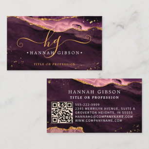  Burgundy Agate Script Monogram QR Code Business Card